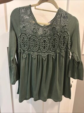 Absolutely Famous Olive Crochet Yoke Bell Sleeve Tunic Top